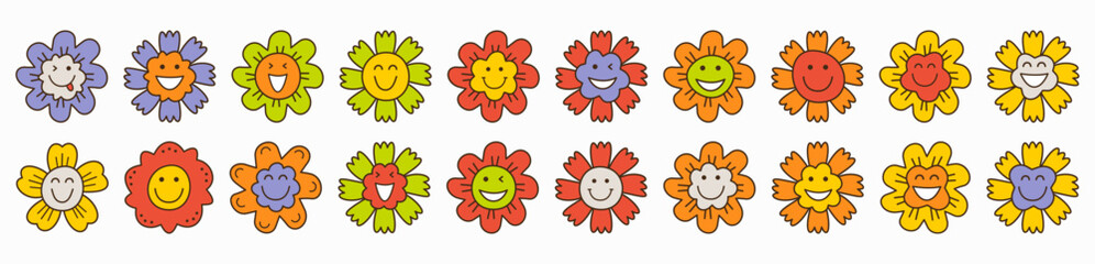 Smiling flower, abstract personage, mascot design, funny face, cute icon.