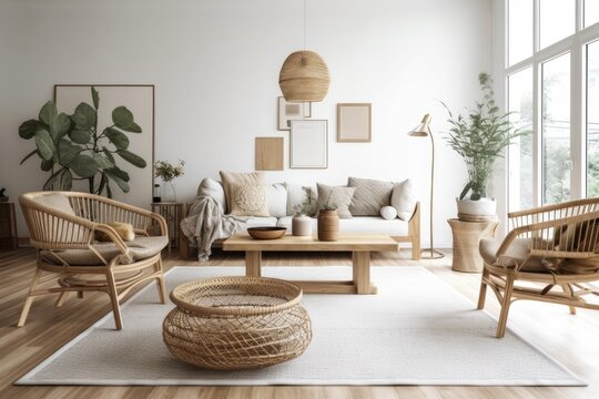 Attractive modern wooden living room with white background, Scandinavian style, Rattan home decor,. Generative AI