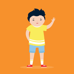 Little boy wearing yellow t-shirt and blue shorts. Vector illustration.