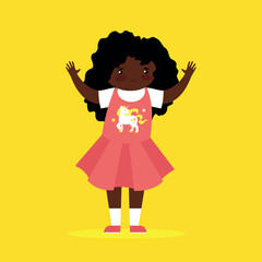 Cute little African American girl in a pink dress. Vector illustration