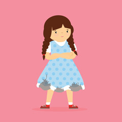 Cute little girl in blue polka dot dress. Vector illustration