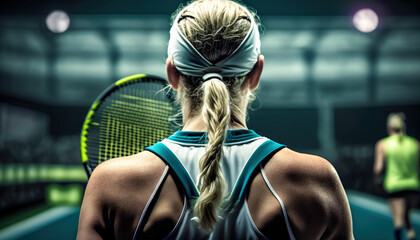 Tennis Woman in Action: A Rear View of a Female Athlete Serving on a Green Court. digital ai art