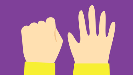 Hands of a man in a yellow shirt on a purple background