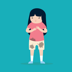 Little girl suffering from stomach ache. Vector illustration in flat style