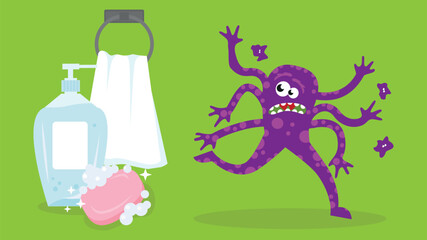 Cute monster with soap and shower gel. Vector cartoon illustration.