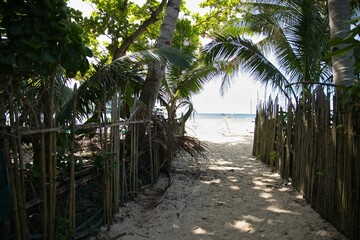 Obraz premium The entrance to a dreamlike idyllic beach of El Nideo, lined with a wooden fence and palm trees.