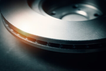Closeup Disc Brake. Car Spare Parts. Repair Shop
