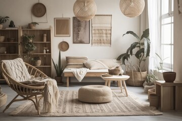 Scandi Boho home decor, warm room with natural wooden furnishings. Generative AI