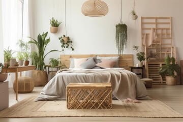 Pouf and plants in bright bedroom with cushions on wooden headboard. Real picture. Generative AI