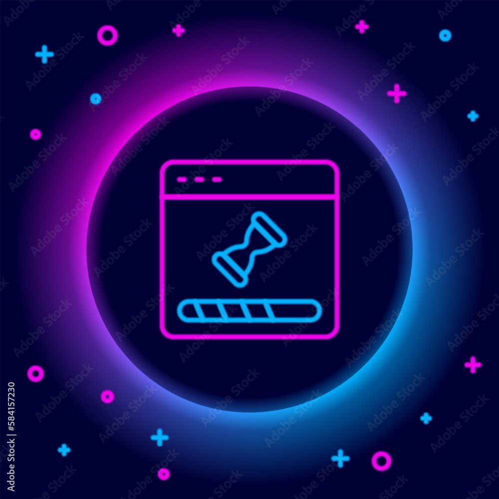 Poster glowing neon line loading a data window with a progress bar icon isolated on black background. color