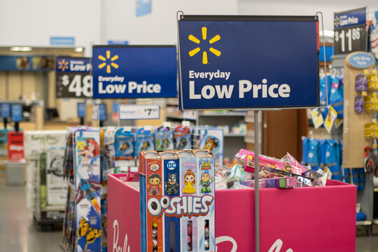 Portland, OR, USA - Mar 15, 2023: Everyday Low Price signs are seen in a closing Walmart Supercenter in North Portland. Walmart is closing its last two Portland city stores, citing underperformance.