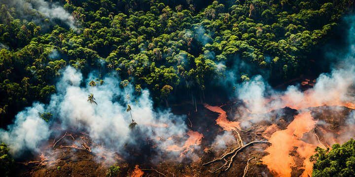 Aerial view of tropical rainforest deforestation. Illegal fire clearing. Burning forest. Environmental ecological problem. Generative AI