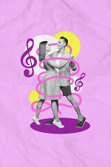 Composite collage image of dancing young couple boyfriend girlfriend waltz tango have fun love...
