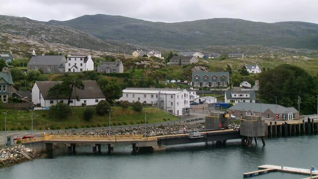A shot of the village of Tarbert with the ferry dock in the foreground. Filmed on the Isle of Harris, part of the Outer Hebrides of Scotland.