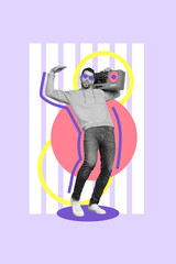 Creative abstract template collage of dancing male hold boombox have fun dj party maker clubbing chill young celebrate holiday