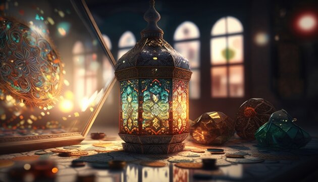 Ornate latern art for a decorative ramadan background, generative ai
