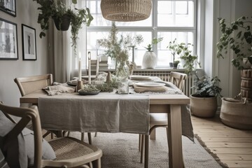 White and gray rustic dining table. Potted plants, jute carpet. Scandinavian bohemian decor. Plan, top,. Generative AI