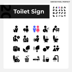 Toilet sign pixel perfect black glyph icons set on white space. Public restroom marking symbols. Water closet rooms hygiene. Silhouette symbols. Solid pictogram pack. Vector isolated illustration