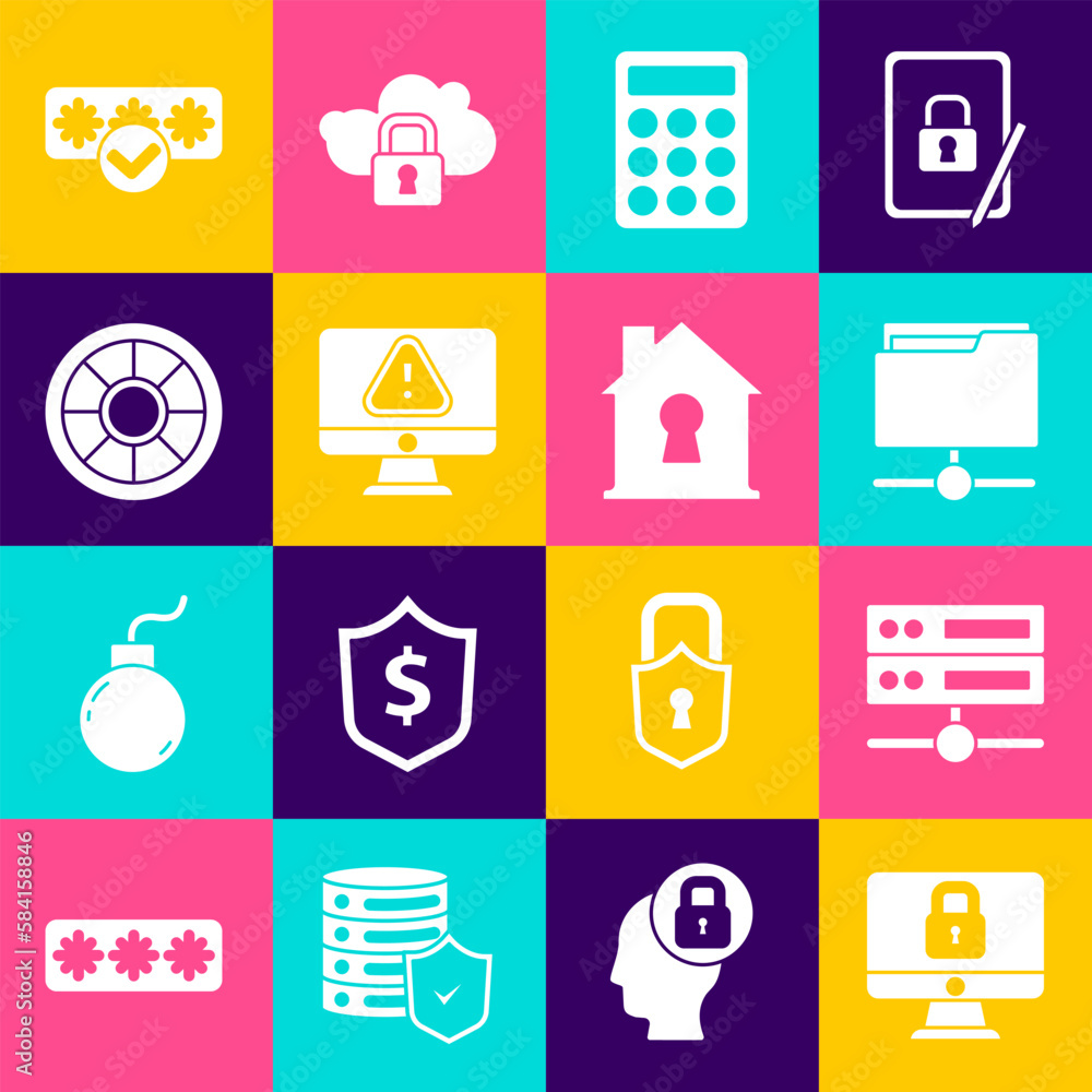 Poster set lock on computer monitor, server, data, web hosting, ftp folder, password protection, monitor wi