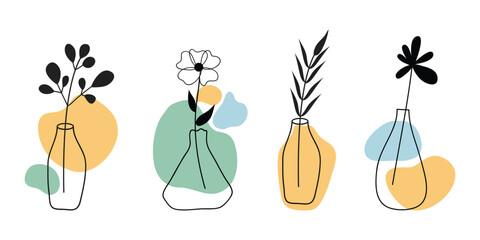 Modern abstract aesthetic line house plants. Wall decor in boho style. Mid century vector print for cover, wallpaper, card, social media, interior decor