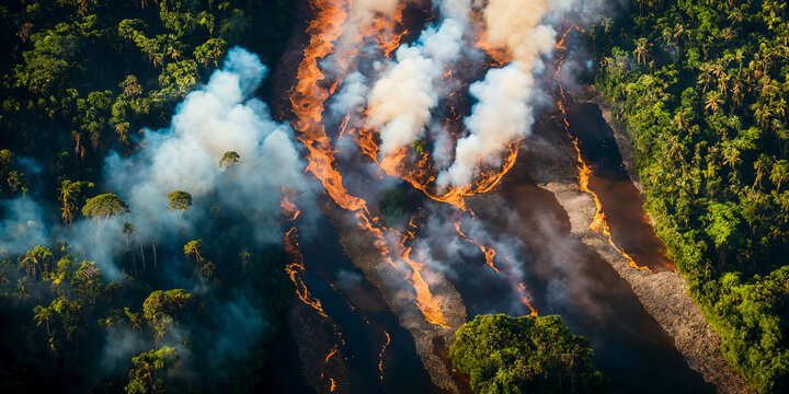 Aerial view of tropical rainforest deforestation. Illegal fire clearing. Burning forest. Environmental ecological problem. Generative AI