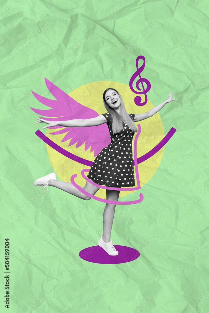 Canvas Prints Creative abstract template collage of excited smiling female flying air bird angel flight air dancing have fun disco party listen music