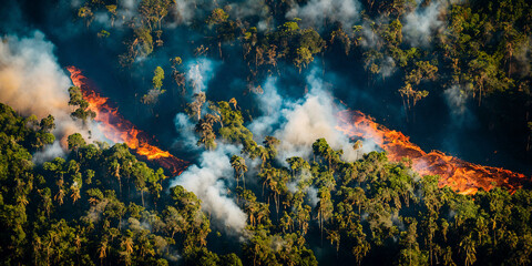 Aerial view of tropical rainforest deforestation. Illegal fire clearing. Burning forest. Environmental ecological problem. Generative AI - obrazy, fototapety, plakaty