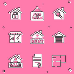 Set House under protection, Hanging sign with For Sale, Search house, Market store, Rent, Garage, and contract icon. Vector