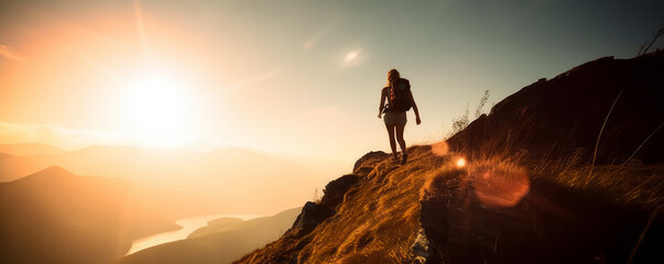 Symbol of success. Woman's trekking silhouette in the mountains at dusk with sun flare. Concept of freedom and contentment - Generative AI