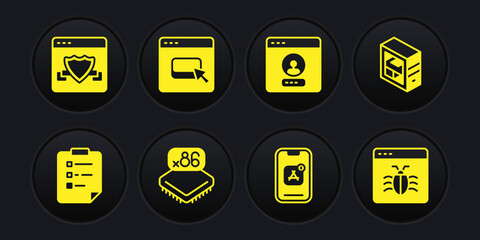 Set Clipboard with checklist, Computer, Processor microcircuits CPU, Mobile Apps, Create account screen, Browser files, System bug and shield icon. Vector