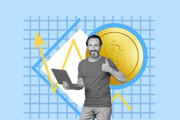 Composite collage image of middle age man hand showing thumb up hold netbook arrow up money manager...