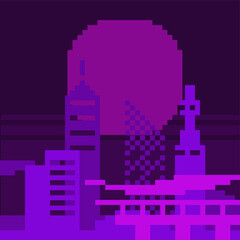 Fototapeta premium Neon Pink and Purple Metropolis Cityscape at Night, Pixelated Flat Artwork Background