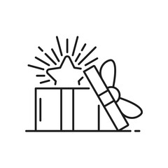 Gift box with bonus star isolated outline icon. Vector loyalty affiliate program, consumer reward, client discount concept, online shopping sale bonus