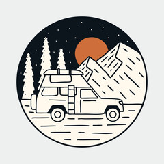 camping fun on the mountains with lovely camp car vintage vector for t shirt, badge, sticker and other