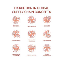 Disruption in global supply chain terracotta concept icons set. International logistics idea thin line color illustrations. Isolated symbols. Editable stroke. Roboto-Medium, Myriad Pro-Bold fonts used