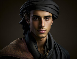 Young arab man in national clothes and  in turban 
on a dark background. Muslim man with a beauty face in oriental clothes. Saudi, moroccan, iranian, yemenite, persian men. generative ai model