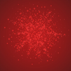 Falling snowflakes christmas background. Subtle flying snow flakes and stars on christmas red background. Beautifully falling snowflakes overlay. Square vector illustration.