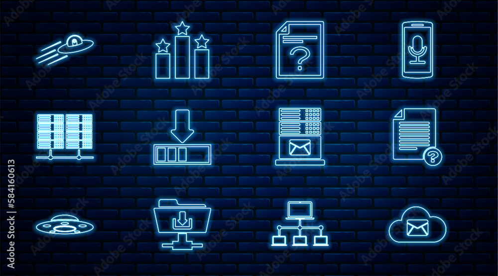 Aufkleber set line cloud mail server, unknown document, loading, server, data, web hosting, ufo flying spacesh