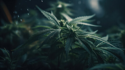 Fototapeta na wymiar Photo of cannabis plants under artificial light (Generative AI)