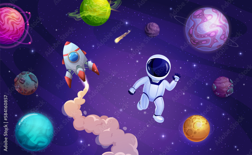 Poster cartoon astronaut in outer space starry galaxy landscape. vector funny cosmonaut float in weightless