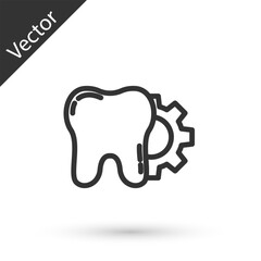 Grey line Tooth treatment procedure icon isolated on white background. Tooth repair with gear. Vector