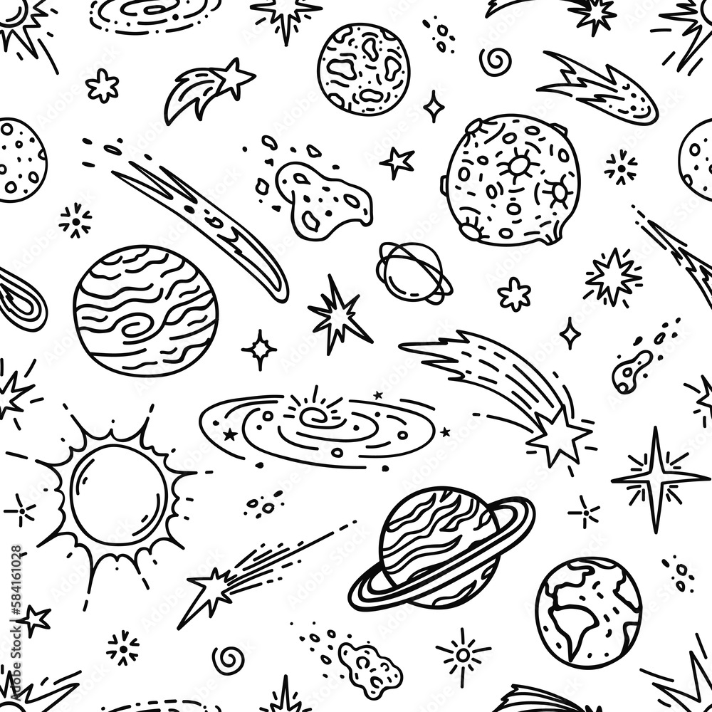 Poster doodle space planets, stars, comets and asteroids seamless pattern. galaxy universe vector backgroun