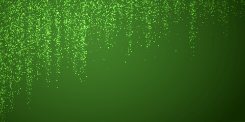 Beautiful snowfall christmas background. Subtle flying snow flakes and stars on christmas green background. Beautiful snowfall overlay template. Wide vector illustration.