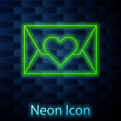 Glowing neon line Envelope with Valentine heart icon isolated on brick wall background. Message love. Letter love and romance. Vector