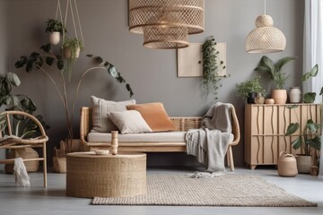 Gray couch, wooden cube, commode, cushion, macrame, rattan lamp, basket, plants, and stylish decorations in living room. Interior design. Template. Poster mockup. Generative AI