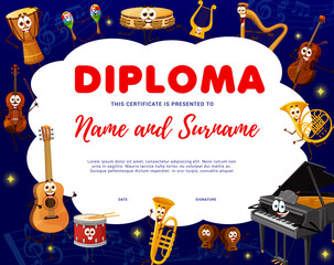 Kids diploma, cartoon musical instrument characters and music notes. Vector diploma or certificate of kindergarten music education with background frame of cute guitar, piano, drum, violin personages