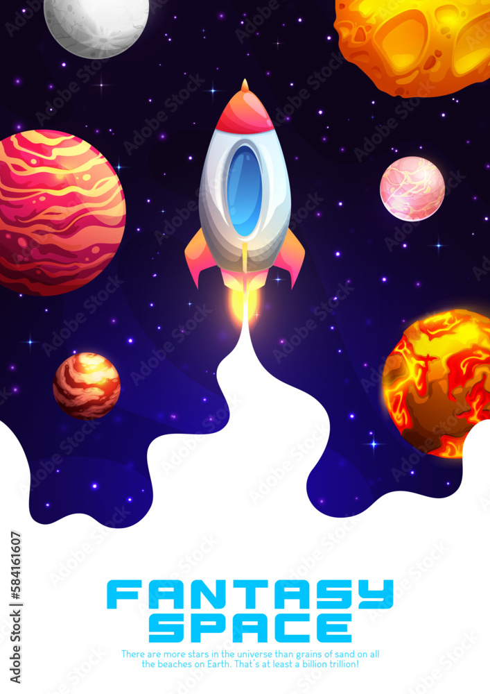 Poster Rocket launch into fantasy space. Vector background with spaceship travel in Universe. Shuttle with white smoke frame flying in alien galaxy with planets and stars. Futuristic cosmic exploration
