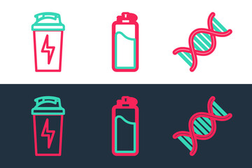 Set line DNA symbol, Fitness shaker and Sport bottle with water icon. Vector