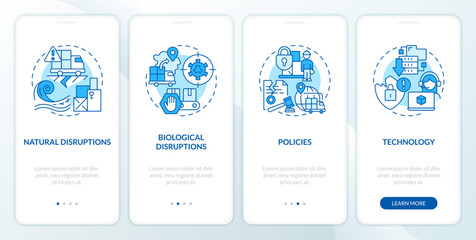 Supply chain challenges blue onboarding mobile app screen. Delivery walkthrough 5 steps editable graphic instructions with linear concepts. UI, UX, GUI template. Myriad Pro-Bold, Regular fonts used