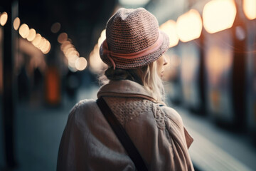 Obraz premium Hipster girl walking on city street. Generative AI.